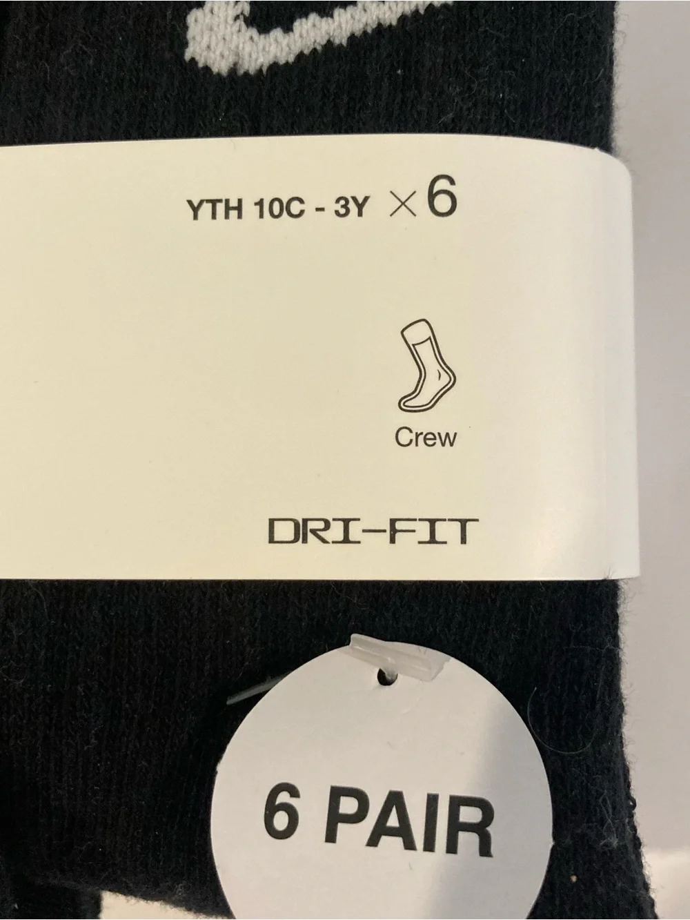 Nike Youth DriFit Cushioned Crew Socks 6 Pair Black - Size 10C-3Y School Kids XS